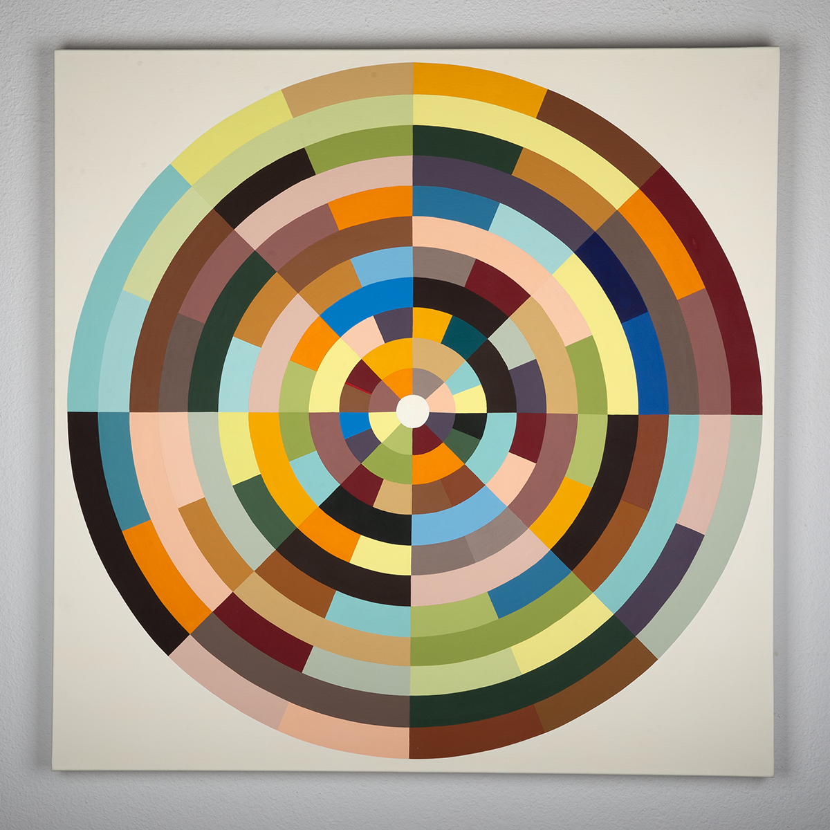 Midcentury modern style contemporary abstract fine art acrylic painting on canvas. Groovy 1960s 1970s color palette. Framed in tea stained, oil rubbed oak. Handmade in Palm Springs, California.