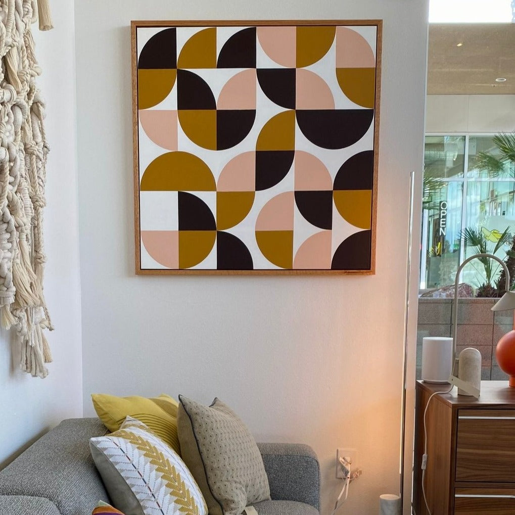Midcentury modern style contemporary abstract fine art acrylic painting on canvas. Groovy 1960s 1970s color palette. Framed in tea stained, oil rubbed oak. Handmade in Palm Springs, California.