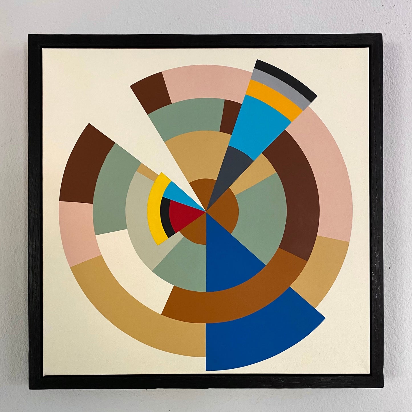 Midcentury modern style contemporary abstract fine art acrylic painting on canvas. Groovy 1960s 1970s color palette. Framed in oak treated to a traditional Shou Sugi Ban finish. Handmade in Palm Springs, California.