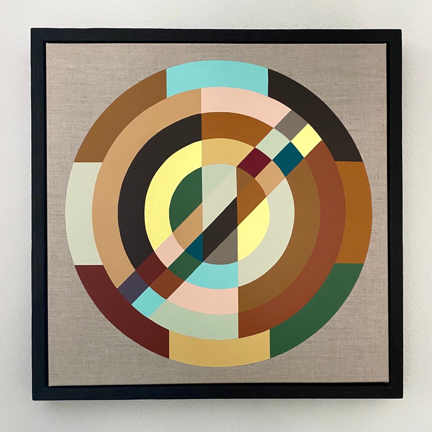 Midcentury modern style contemporary abstract fine art acrylic painting on linen. Groovy 1960s 1970s color palette. Framed in oak finished with a traditional Shou Sugi Ban technique. Handmade in Palm Springs, California.