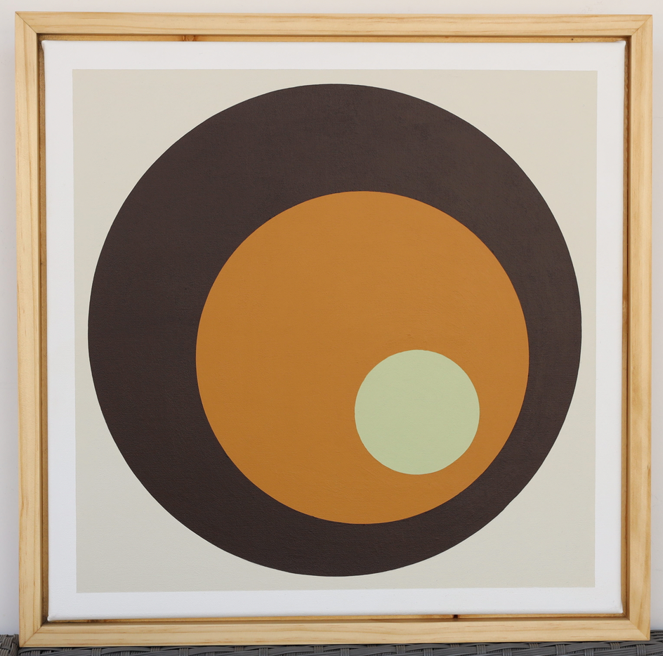Midcentury modern style contemporary abstract fine art acrylic painting on canvas. Groovy 1960s 1970s color palette. Framed in tea stained, oil rubbed oak. Handmade in Palm Springs, California.