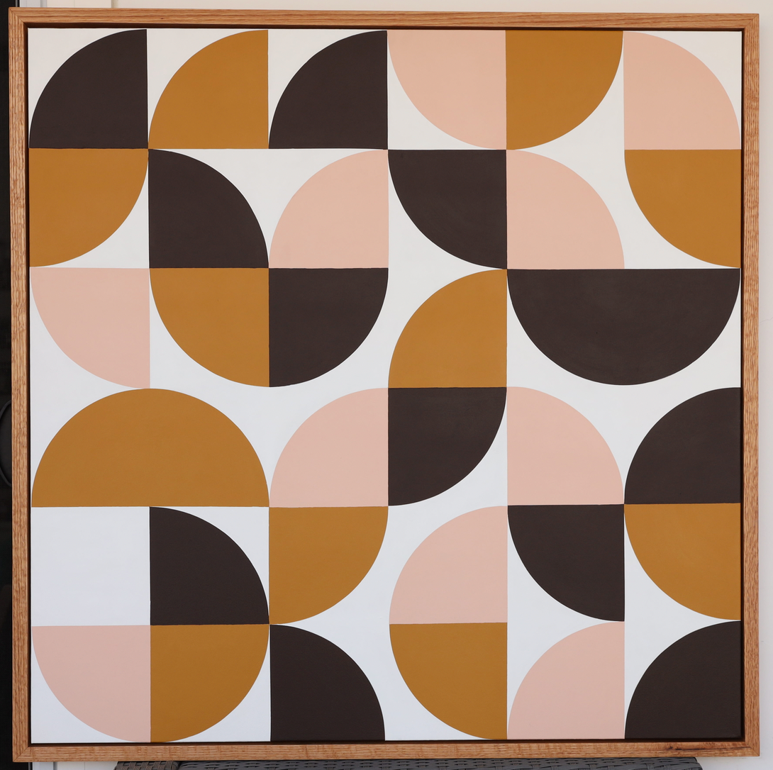 Midcentury modern style contemporary abstract fine art acrylic painting on canvas. Groovy 1960s 1970s color palette. Framed in tea stained, oil rubbed oak. Handmade in Palm Springs, California.