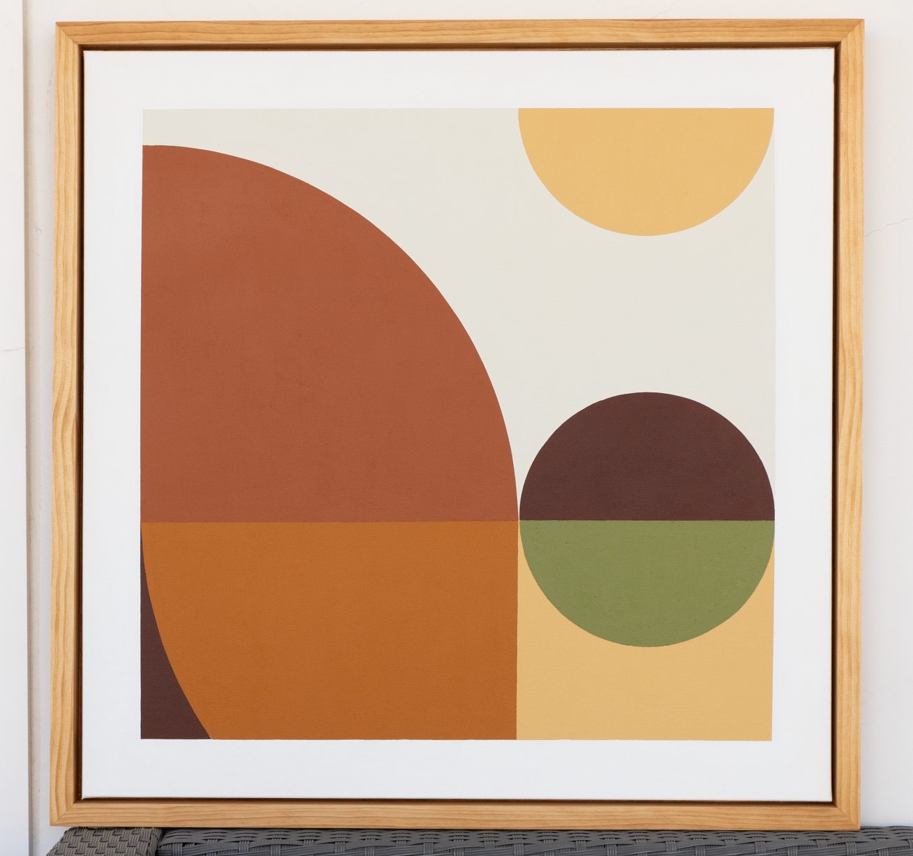 Midcentury modern style contemporary abstract fine art acrylic painting on canvas. Groovy 1960s 1970s color palette. Framed in tea stained, oil rubbed oak. Handmade in Palm Springs, California.