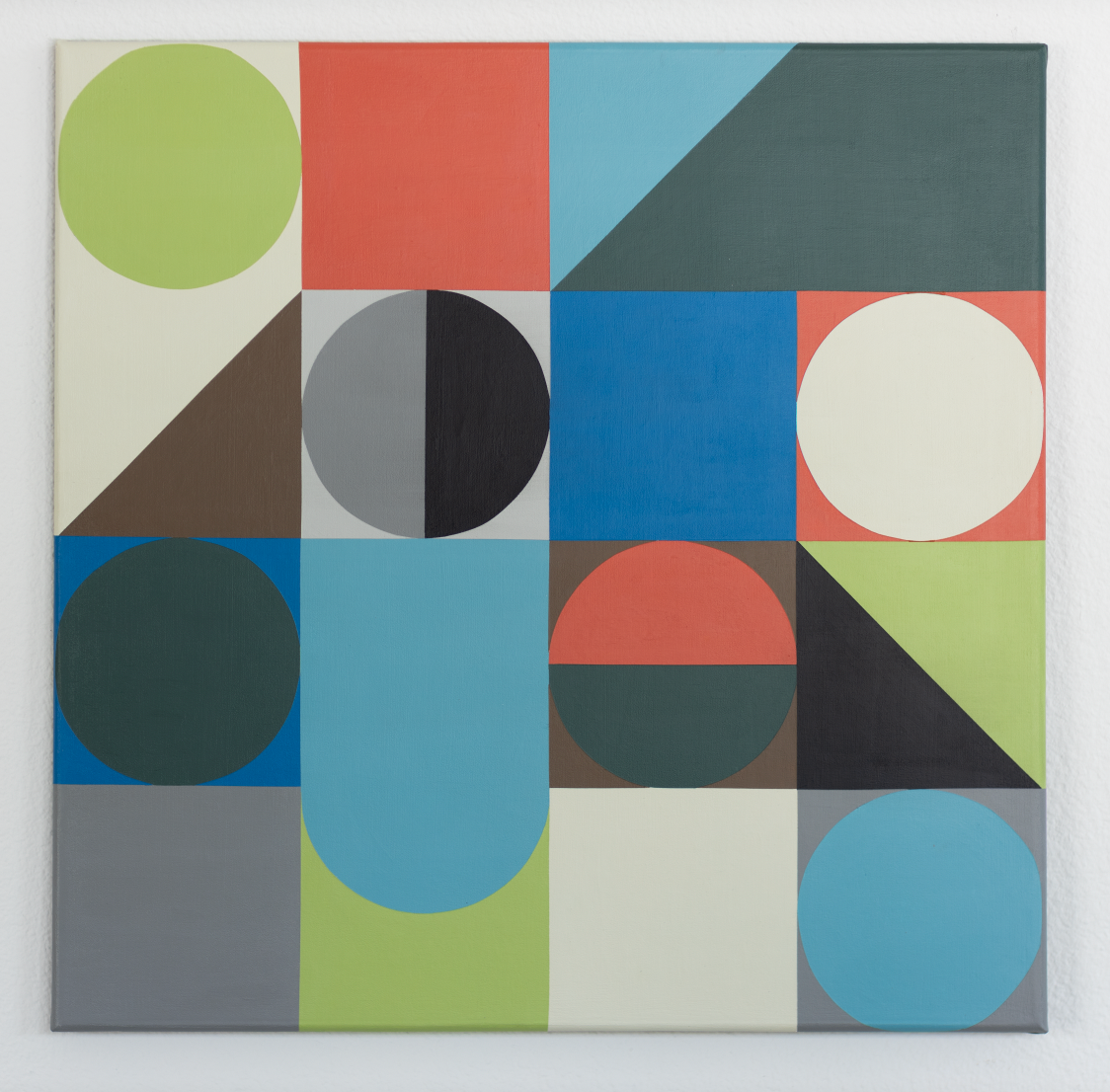 Midcentury modern style contemporary abstract fine art acrylic painting on canvas. Groovy 1960s 1970s color palette. Framed in tea stained, oil rubbed oak. Handmade in Palm Springs, California.