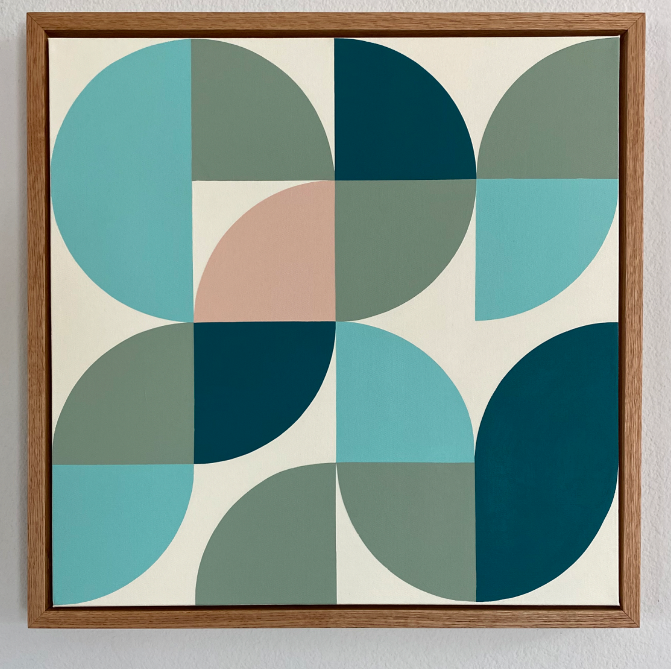 Midcentury modern style contemporary abstract fine art acrylic painting on canvas. Groovy 1960s 1970s color palette. Framed in tea stained, oil rubbed oak. Handmade in Palm Springs, California.