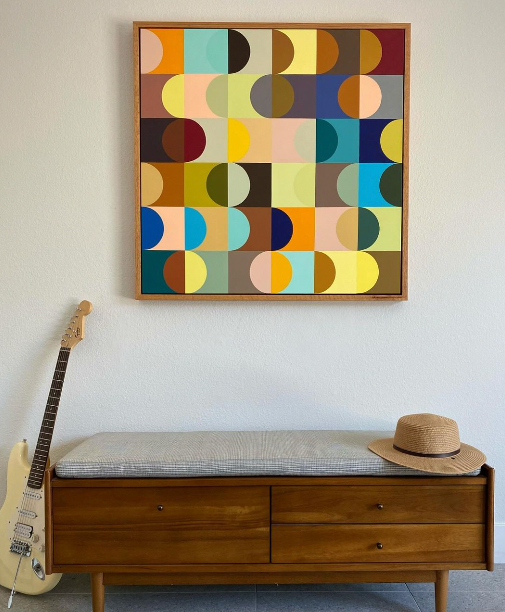 Midcentury modern style contemporary geometric fine art acrylic painting on canvas. Groovy 1960s 1970s color palette. Framed in tea stained, oil rubbed oak. Handmade in Palm Springs, California.
