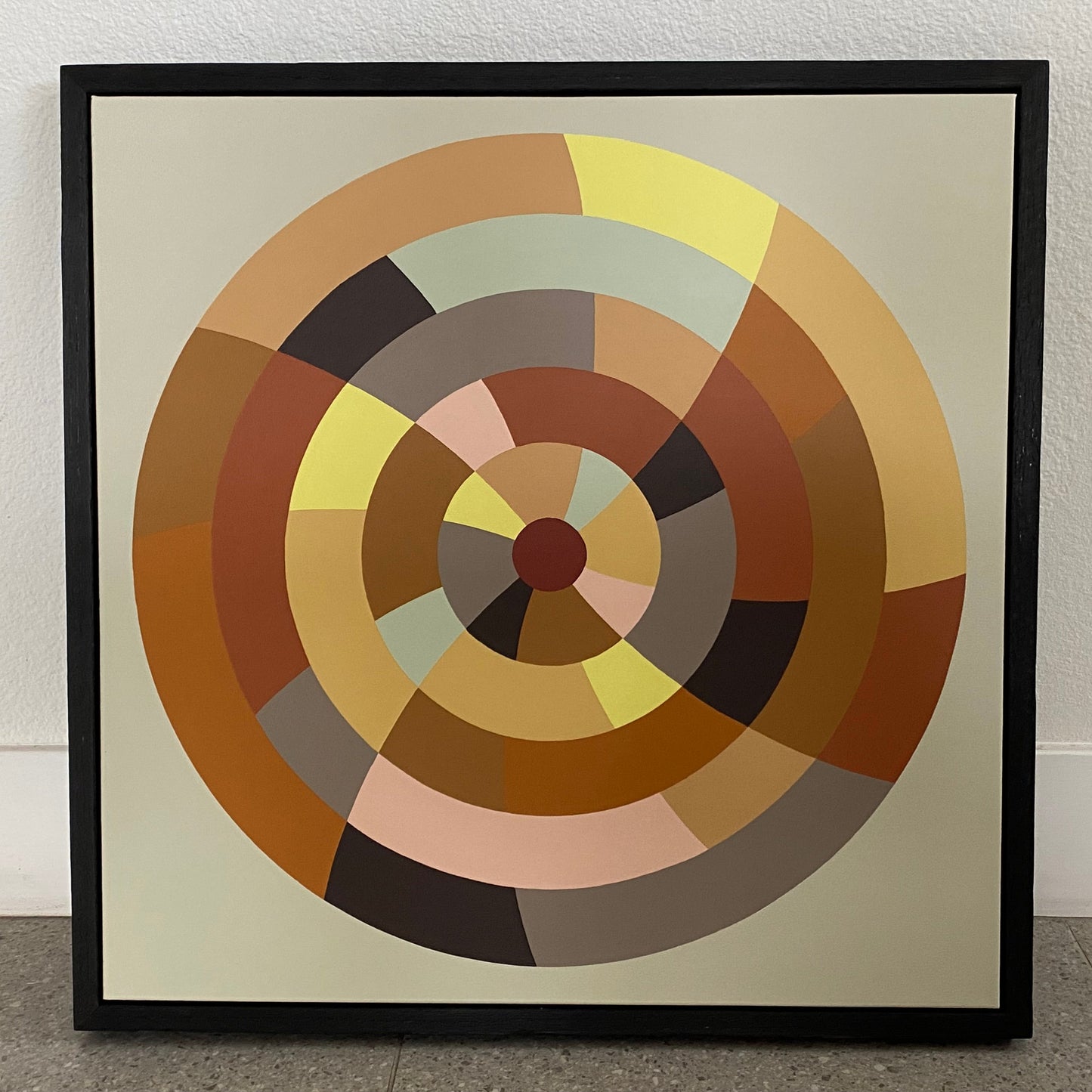 Midcentury modern style contemporary abstract fine art acrylic painting on canvas. Groovy 1960s 1970s color palette. Framed in oak treated with a traditional Shou Sugi Ban finish. Handmade in Palm Springs, California.