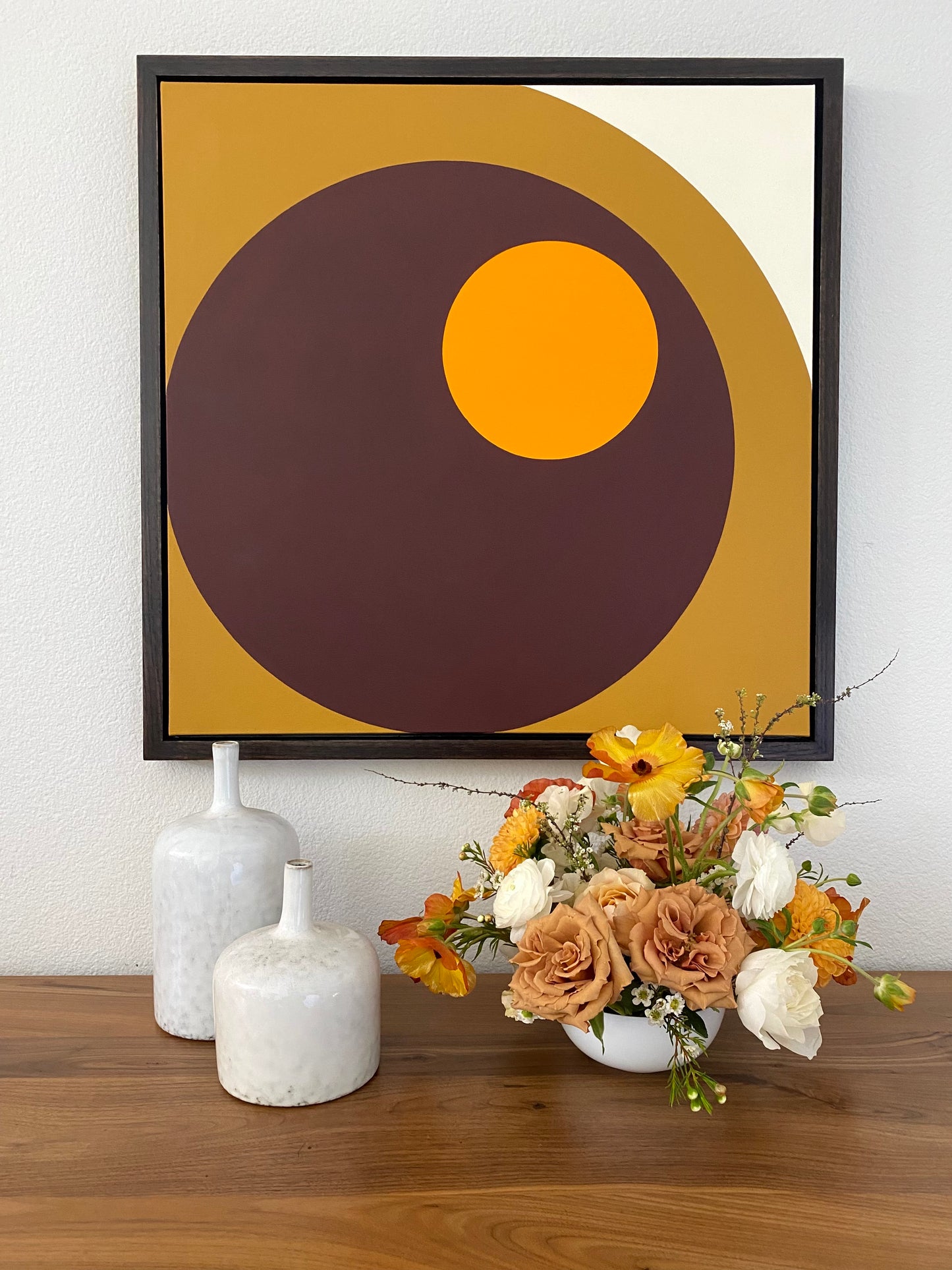 Midcentury modern style contemporary abstract fine art acrylic painting on canvas. Groovy 1960s 1970s color palette. Framed in tea stained, oil rubbed ebonized oak. Handmade in Palm Springs, California.