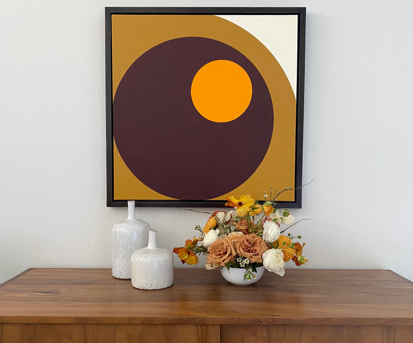 Midcentury modern style contemporary abstract fine art acrylic painting on canvas. Groovy 1960s 1970s color palette. Framed in tea stained, oil rubbed ebonized oak. Handmade in Palm Springs, California.