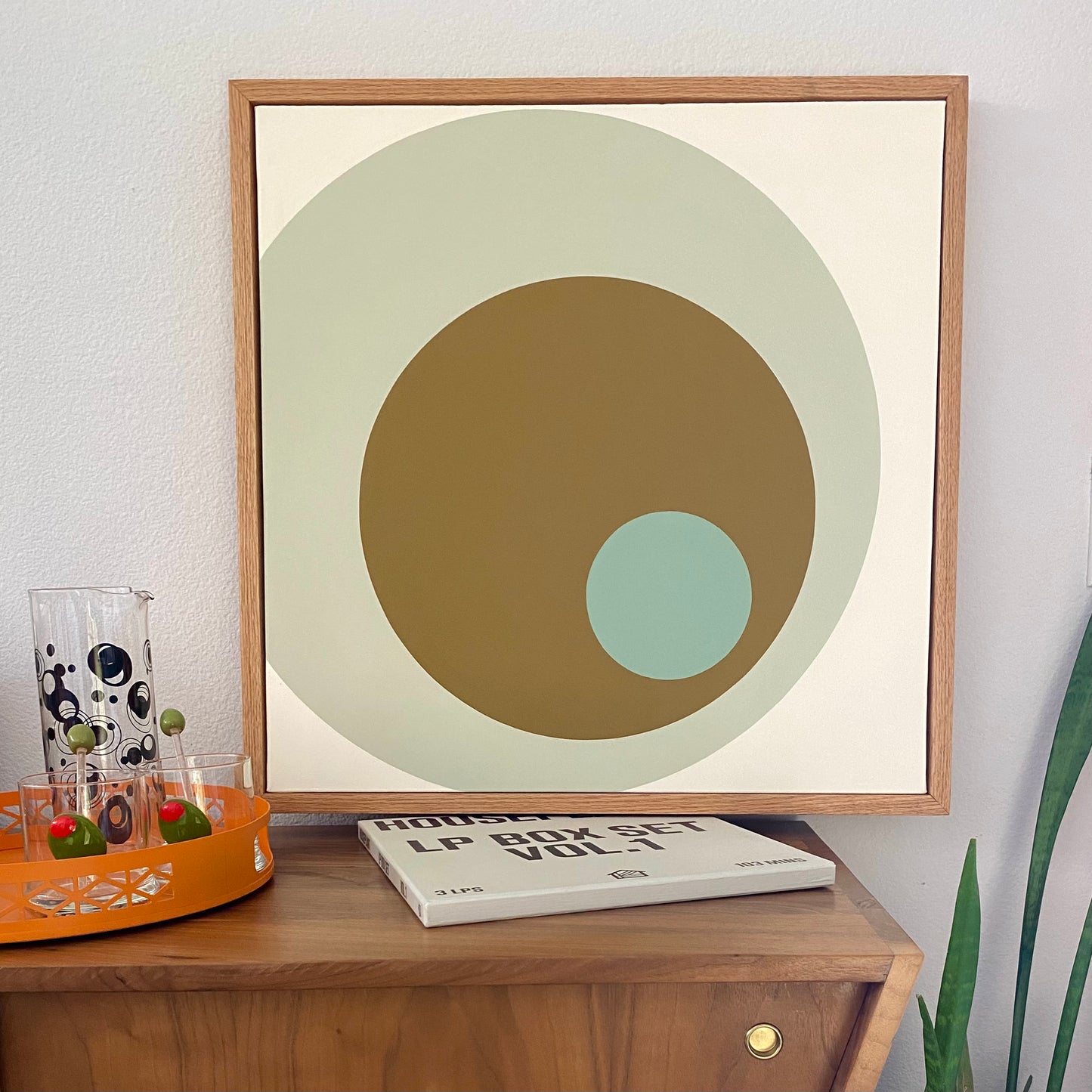 Midcentury modern style contemporary abstract fine art acrylic painting on canvas. Groovy 1960s 1970s color palette. Framed in tea stained, oil rubbed oak. Handmade in Palm Springs, California.
