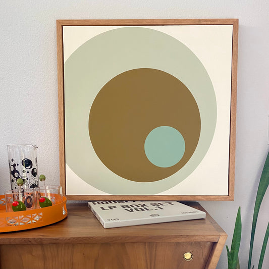 Midcentury modern style contemporary abstract fine art acrylic painting on canvas. Groovy 1960s 1970s color palette. Framed in tea stained, oil rubbed oak. Handmade in Palm Springs, California.
