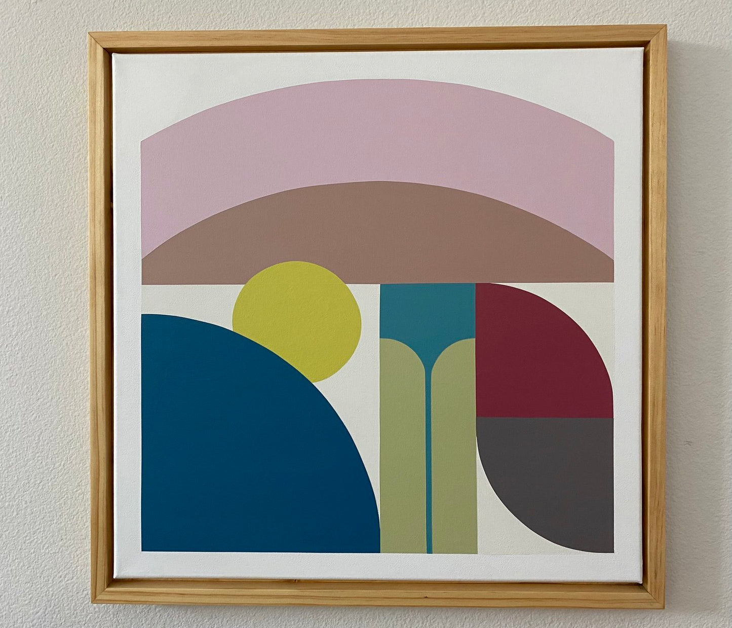 Midcentury modern style contemporary abstract fine art acrylic painting on canvas. Groovy 1960s 1970s color palette. Framed in tea stained, oil rubbed oak. Handmade in Palm Springs, California.