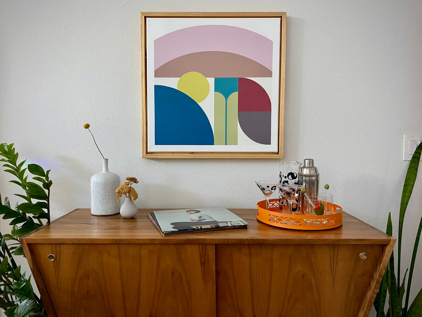 Midcentury modern style contemporary abstract fine art acrylic painting on canvas. Groovy 1960s 1970s color palette. Framed in tea stained, oil rubbed oak. Handmade in Palm Springs, California.