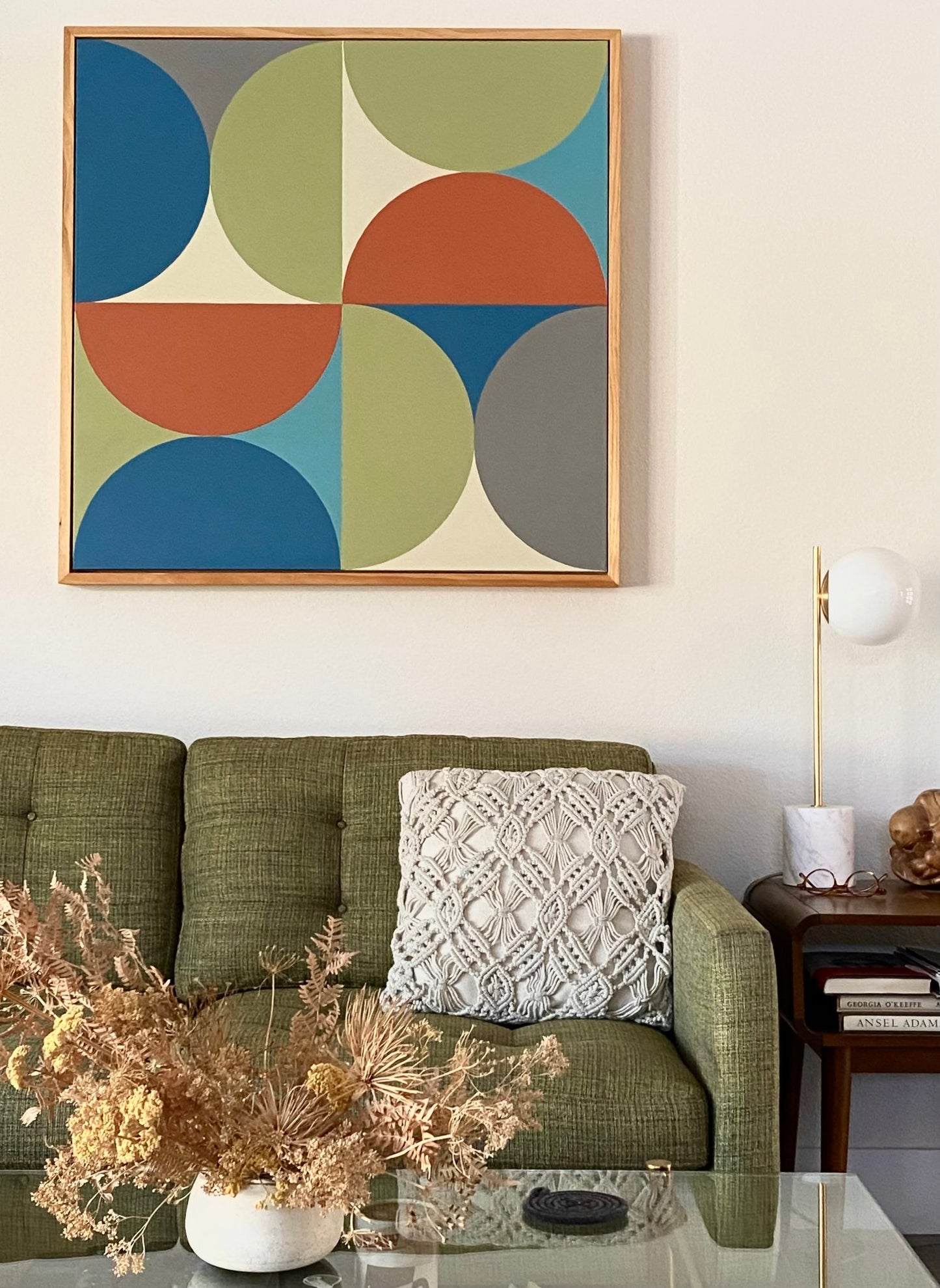 Midcentury modern style contemporary abstract fine art acrylic painting on canvas. Groovy 1960s 1970s color palette. Framed in tea stained, oil rubbed oak. Handmade in Palm Springs, California.