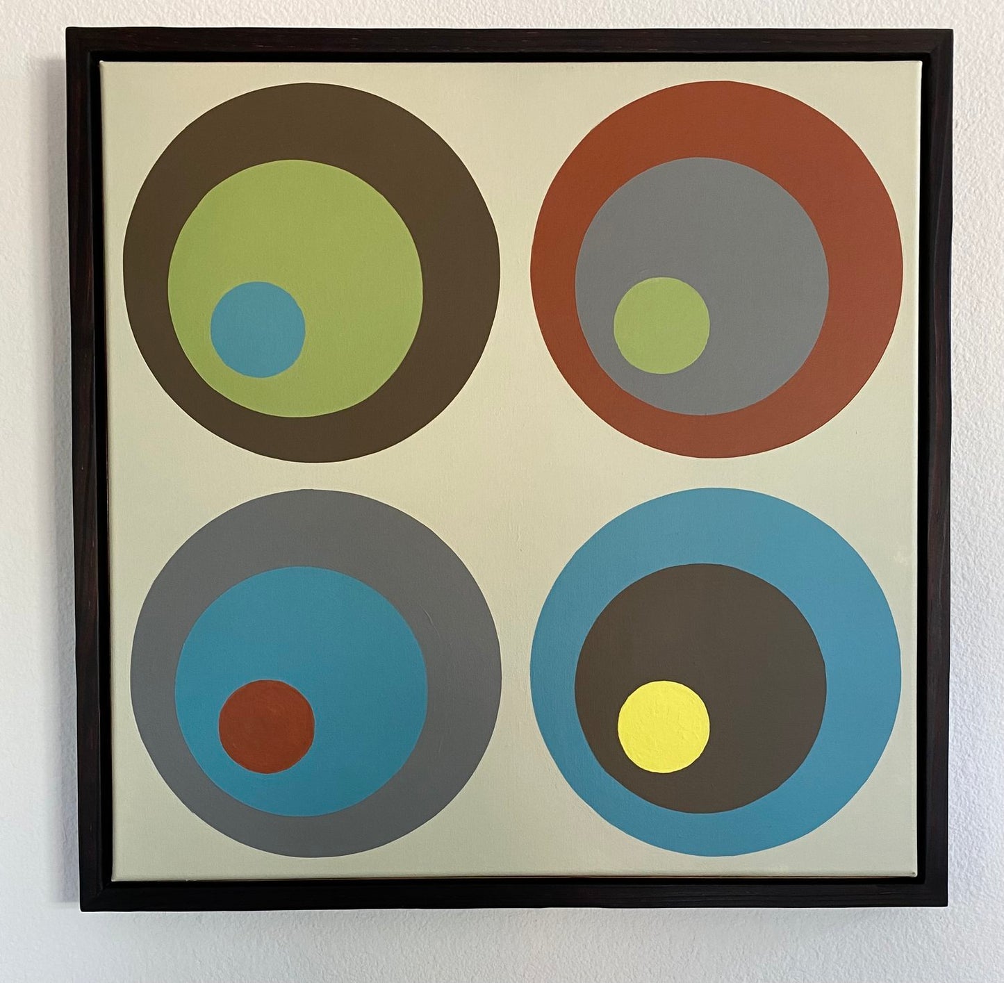Midcentury modern style contemporary abstract fine art acrylic painting on canvas. Groovy 1960s 1970s color palette. Framed in pine treated with a traditional Shou Sugi Ban technique. Handmade in Palm Springs, California.
