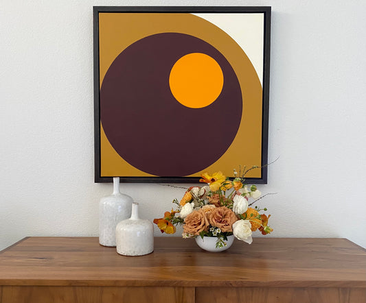 Midcentury modern style contemporary abstract fine art acrylic painting on canvas. Groovy 1960s 1970s color palette. Framed in tea stained, oil rubbed ebonized oak. Handmade in Palm Springs, California.