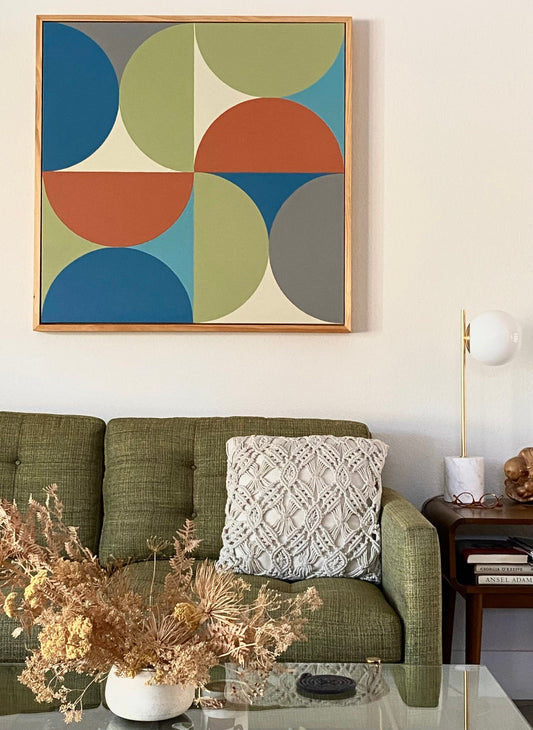 Midcentury modern style contemporary abstract fine art acrylic painting on canvas. Groovy 1960s 1970s color palette. Framed in tea stained, oil rubbed oak. Handmade in Palm Springs, California.